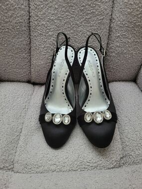 BCBGirls Black Satin Slingback Heels with Crystal Accents